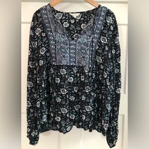 NEW Lucky Brand Size XS S Blue Floral Long Sleeve Peasant Blouse Tassel Top